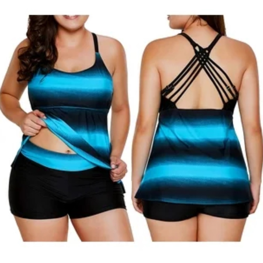 NWOT Two Piece Tankini Bathing Suit with boy shorts Color Block Striped Large